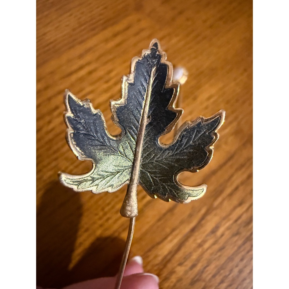 Vintage Gold Tone Stick Pin Set Maple Leaf Enamel and Faux Opal Cabochon 2 Piece - Picture 2 of 6